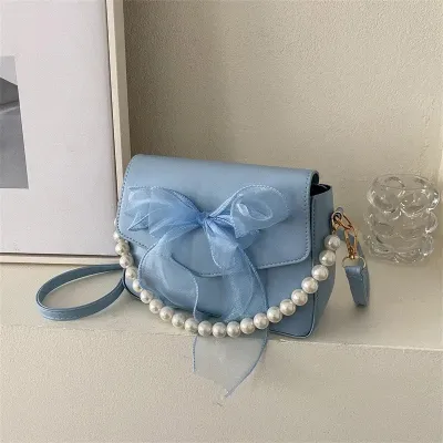 Faux Pearl Beaded Bow Decor Square Shoulder Bag